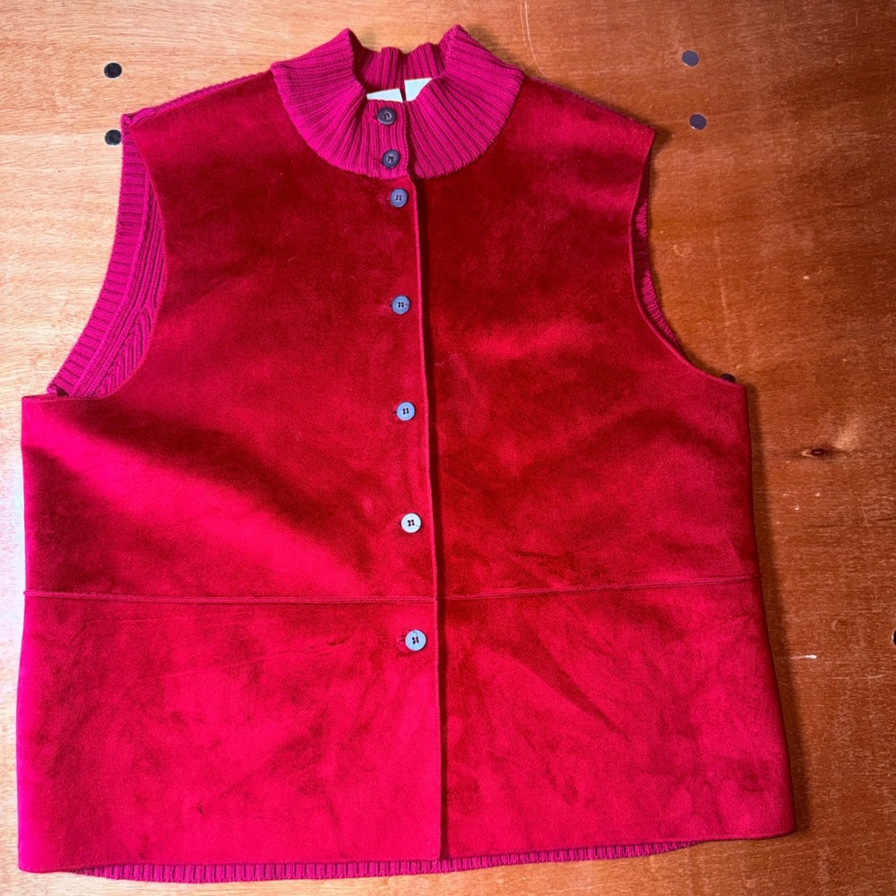 J. Jill Women LP Petite Red Faux Suede Cotton Ribbed Knit Button Front Vest